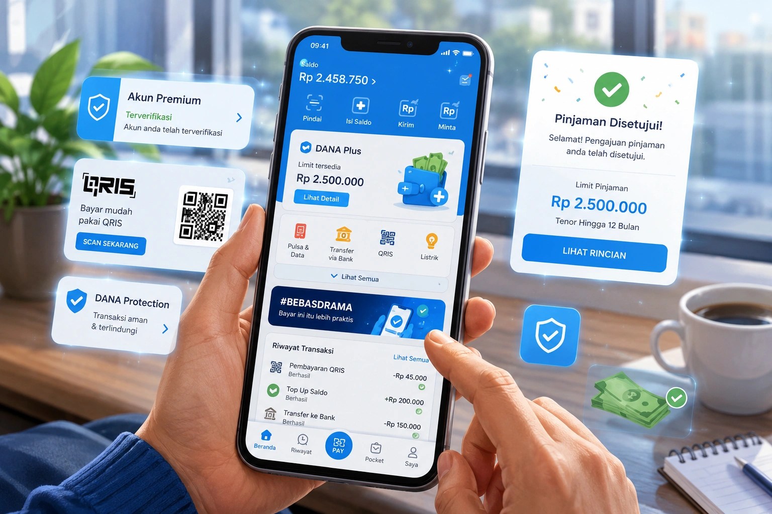 Pengguna membuka aplikasi DANA Plus untuk mengaktifkan layanan pinjaman digital melalui smartphone.