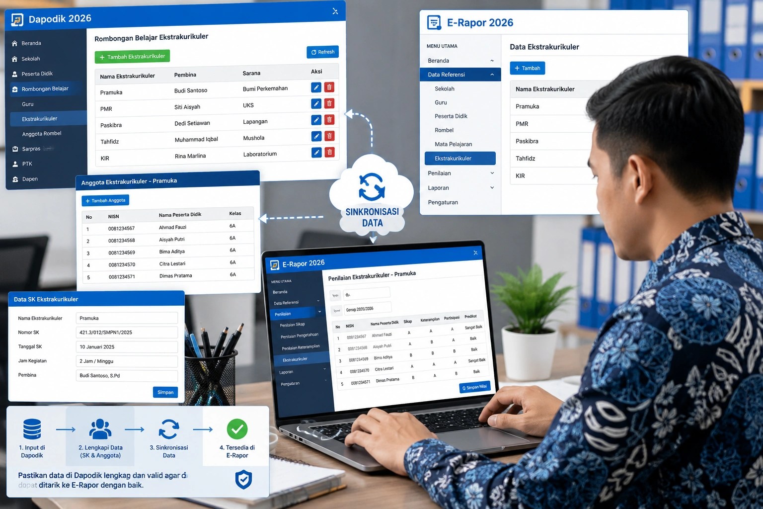 Operator sekolah menginput data ekstrakurikuler ke E-Rapor 2026 melalui aplikasi Dapodik.
