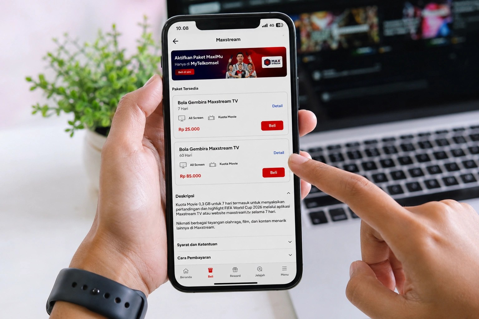 Tampilan pembelian paket Maxstream Piala Dunia 2026 melalui aplikasi MyTelkomsel.