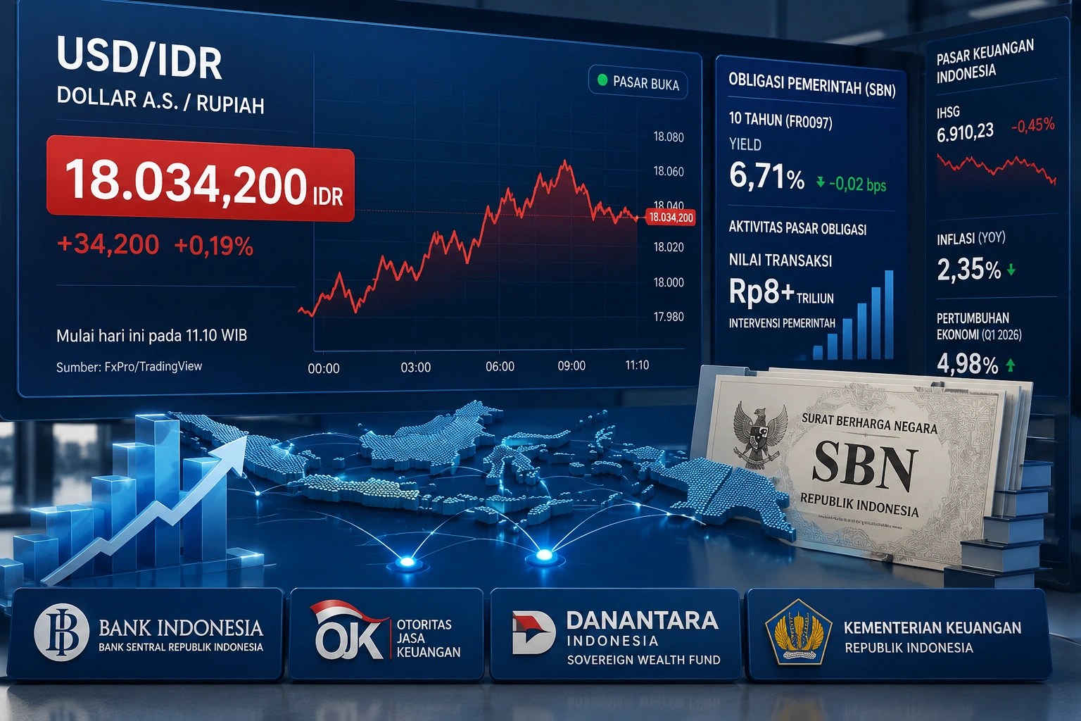 Grafik pergerakan rupiah terhadap dolar AS saat menyentuh level Rp18.034 per dolar dengan latar pasar keuangan Indonesia.