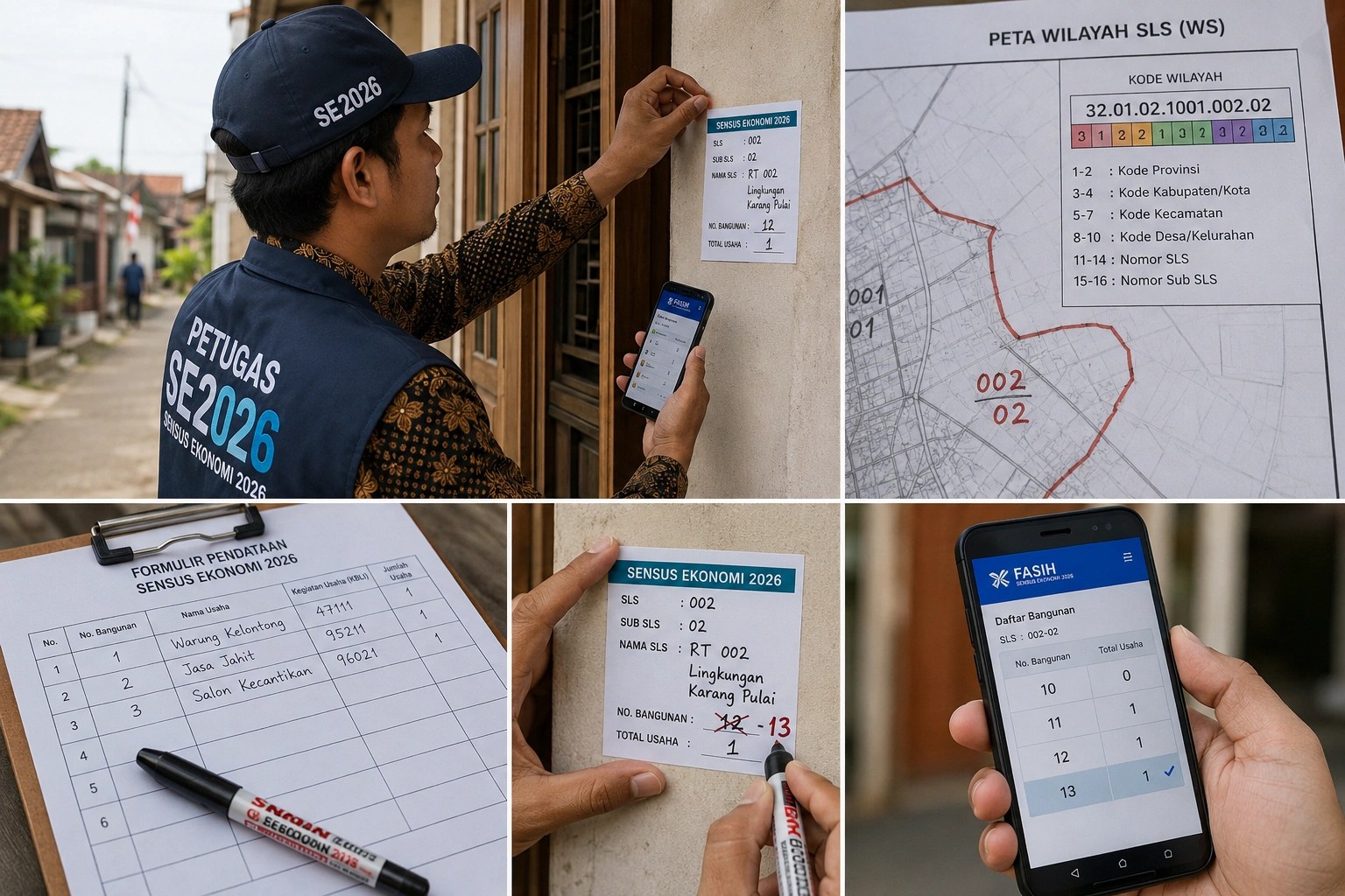 Petugas SE2026 mengisi stiker bangunan dan melakukan pendataan door to door menggunakan aplikasi FASIH.