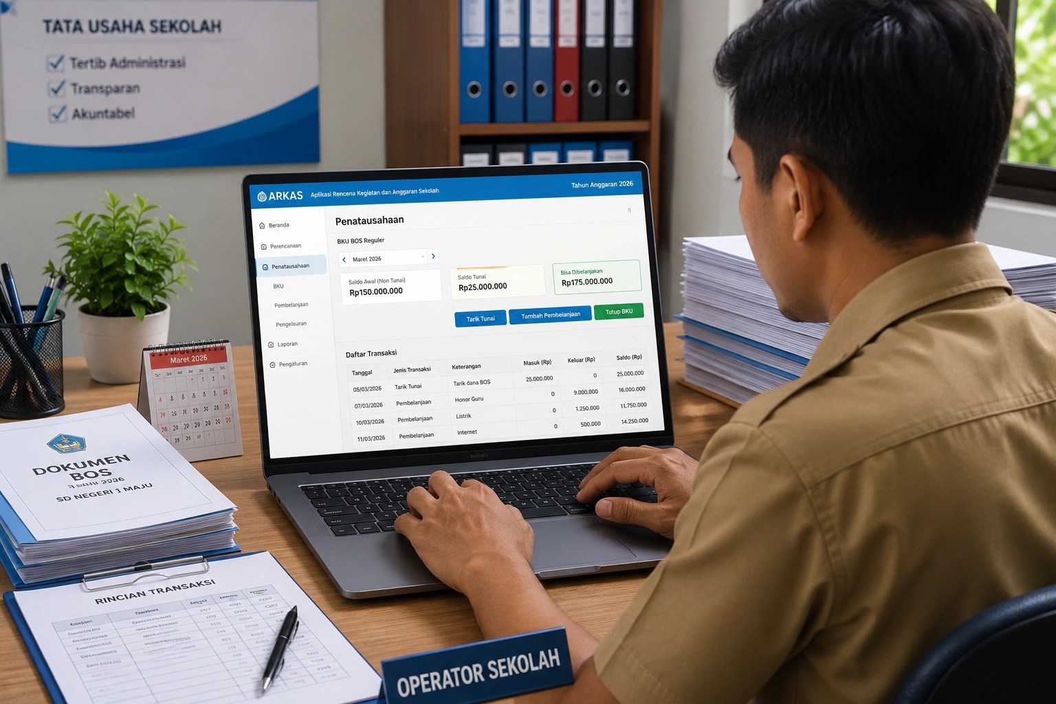 Operator sekolah sedang mengisi BKU ARKAS 2026 pada menu penatausahaan BOS.