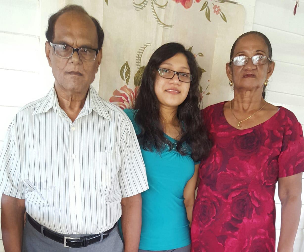 Yugeeta Kumar with her grandparents Madan Kumar and Anetta Persaud