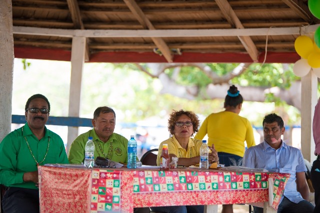 [In the photo, from left] Attorney General and Minister of Legal Affairs, Basil Williams SC., Minister of Indigenous Peoples’ Affairs, Sydney Allicock, Minister within the Ministry of Indigenous Peoples’ Affairs, Valerie Garrido-Lowe and Toshao of Karasabai, Shaun Kartright at the village meeting in Karasabai.