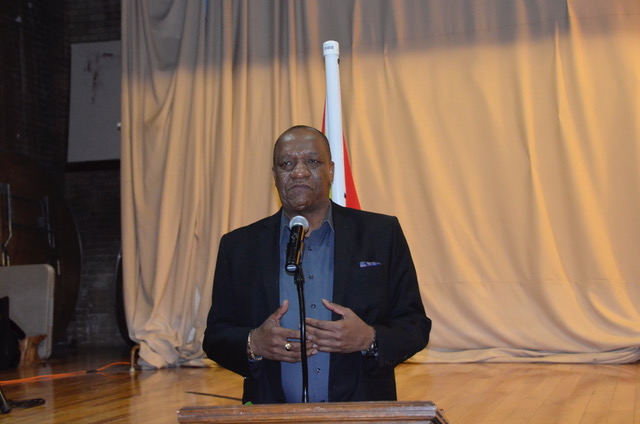 Minister of State, Mr. Joseph Harmon addresses members of the Guyanese diaspora last evening at the St. Stephen's Church Hall, New York 