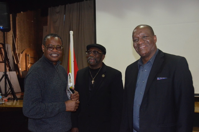 Minister of State, Mr. Joseph Harmon with two members of the Guyanese diaspora,  at the St. Stephen's Church Hall, New York 