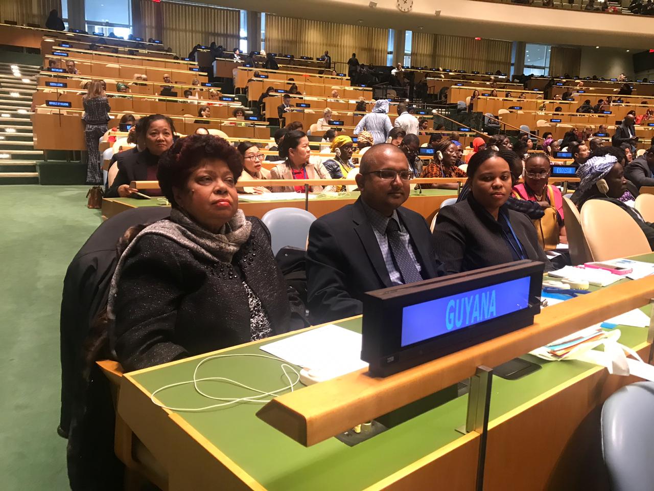 (Front left) Minister of Social Protection, Amna Ally along with Foreign Service Officer III, Mr. Shiraz Mohamed and Ministerial Advisor, Mrs. Alicia Jerome-Reece at the 63rd Session on the Commission on the Status of Women at the United Nations headquarters in New York