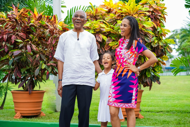 President David Granger shares a light moment with his daughter Mrs. Han Granger-Gaskin and granddaughter Faraa Gaskin at State House, Georgetown.