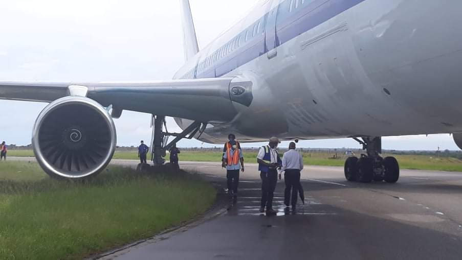 The Eastern Airlines plane after it skidded off the taxiway at the CJIA