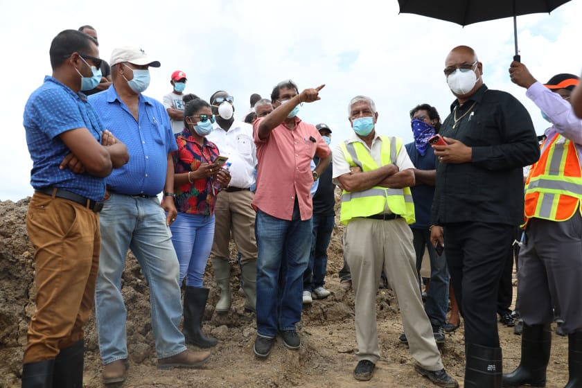 Minister of Public Works, Hon. Bishop Juan Edghill, at the sea defence breach at Dantzig, Mahaicony, Berbice.