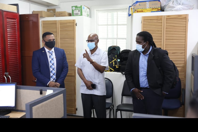 [From left] Minister of Natural Resources, Hon. Vickram Bharrat, Head of Compliance Derrick Lawrence, and Permanent Secretary, Joslyn McKenzie, during the Minister’s tour of the annex.