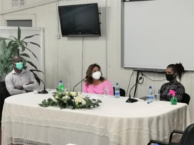 The Honourable Minister of Education Priya Manickchand (centre) accompanied by Permanent Secretary Mr. Alfred King and Director of NCERD Ms. Quenita Walrond-Lewis at the head table during today’s meeting