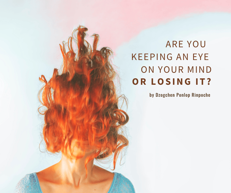 Person with long red hair flying upward, covering all but mouth and part of nose, wearing a scoopneck turquoise shirt, on pink and sky blue background. Title: Are you keeping an eye on your mind or losing it?