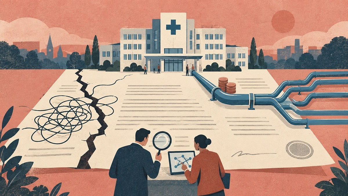 A hospital stands on a contract, with cracks representing governance risks and converging water pipes symbolising purchasing savings, while procurement professionals review the details.
