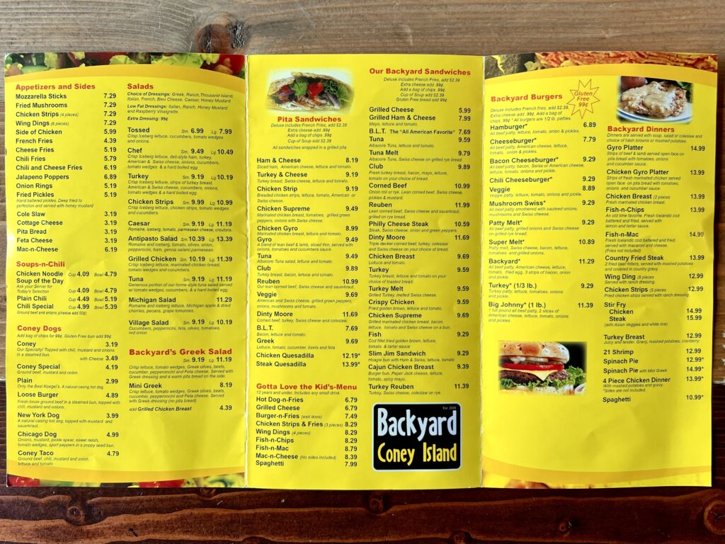 Backyard coney island menu