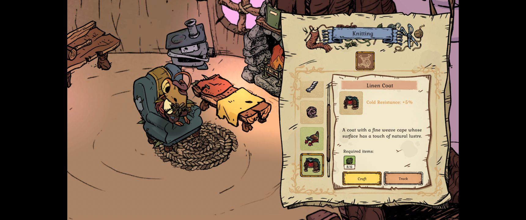 A tiny mouse in his burrow knitting warm clothes