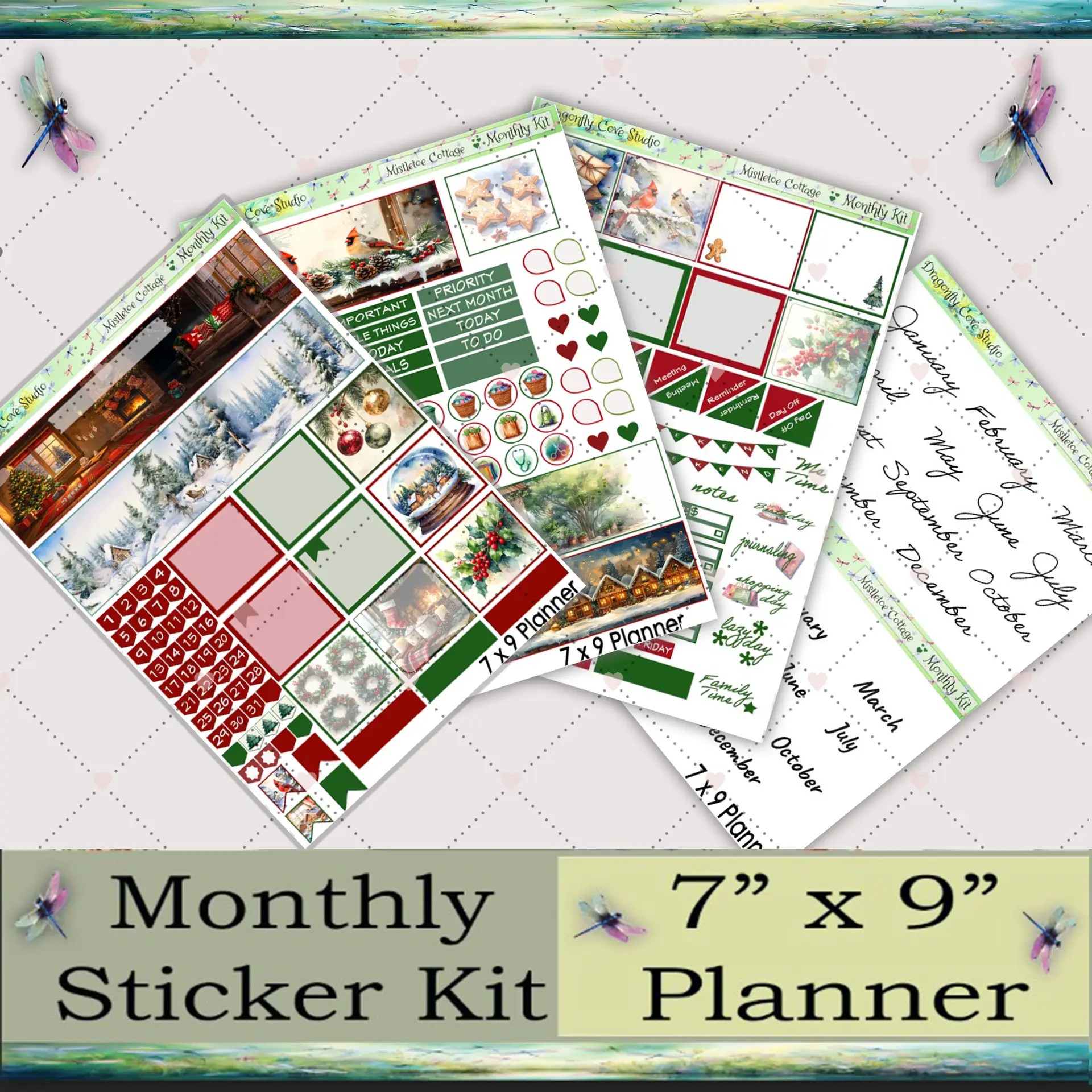 Shamrock Meadow 7x9 monthly planner sticker kit featuring soft green shamrocks, meadow florals, functional monthly boxes, appointment labels, and coordinating decorative elements sized specifically for structured 7x9 planner layouts with a cottagecore spring aesthetic.