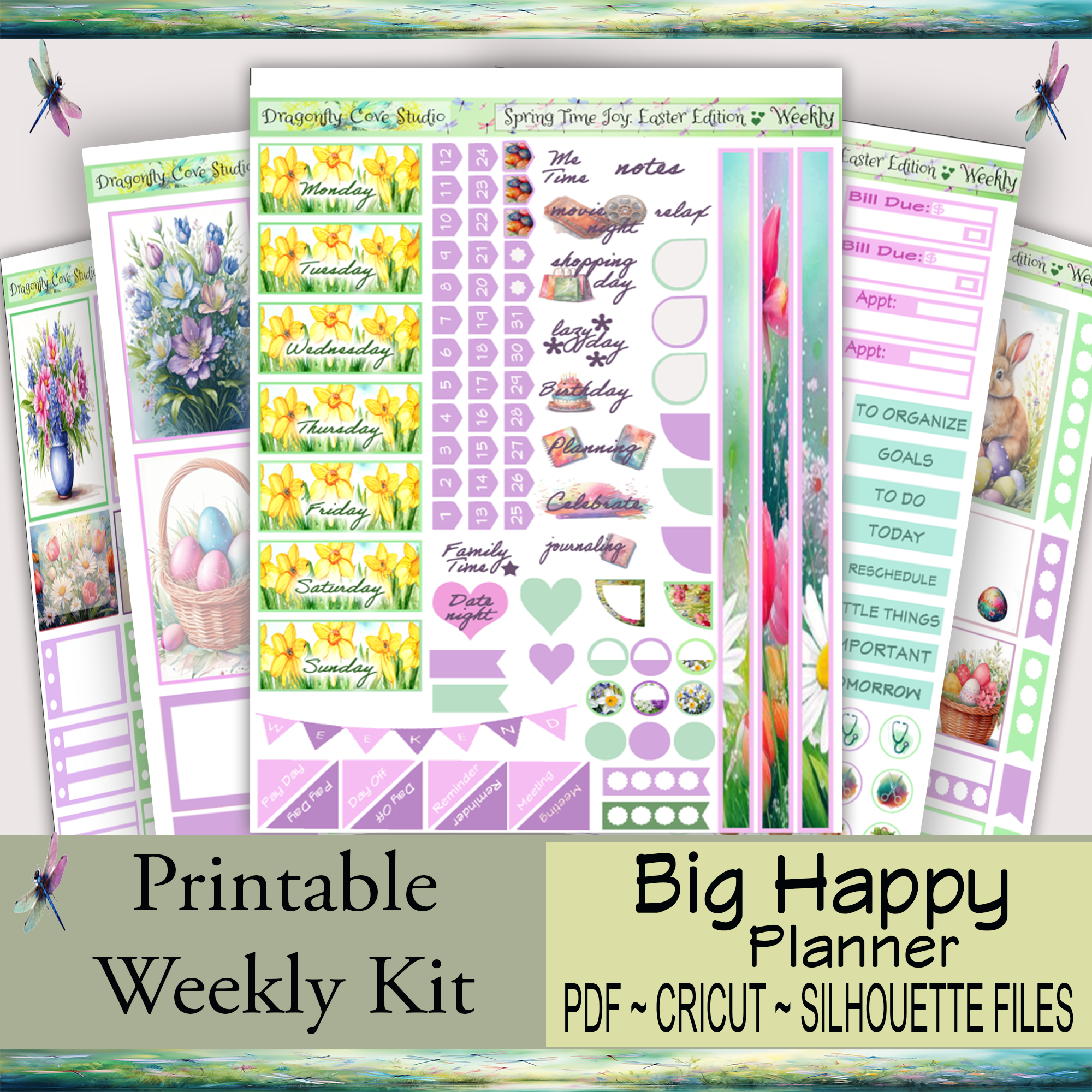 Big Happy Planner weekly sticker kit in Springtime Joy Easter theme featuring pastel colors, floral elements, Easter eggs, bunnies, and functional planning boxes arranged in a vertical weekly layout for organized and decorative planning