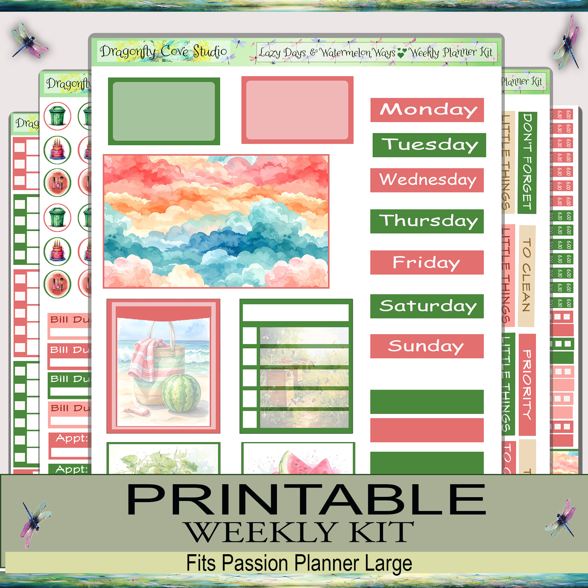 Passion Planner Large weekly layout featuring Lazy Days & Watermelon Ways summer design with watermelon accents, soft seasonal colors, functional monthly planning sections, organized scheduling space, goal-setting areas, and clean structured planner spreads 🍉☀️