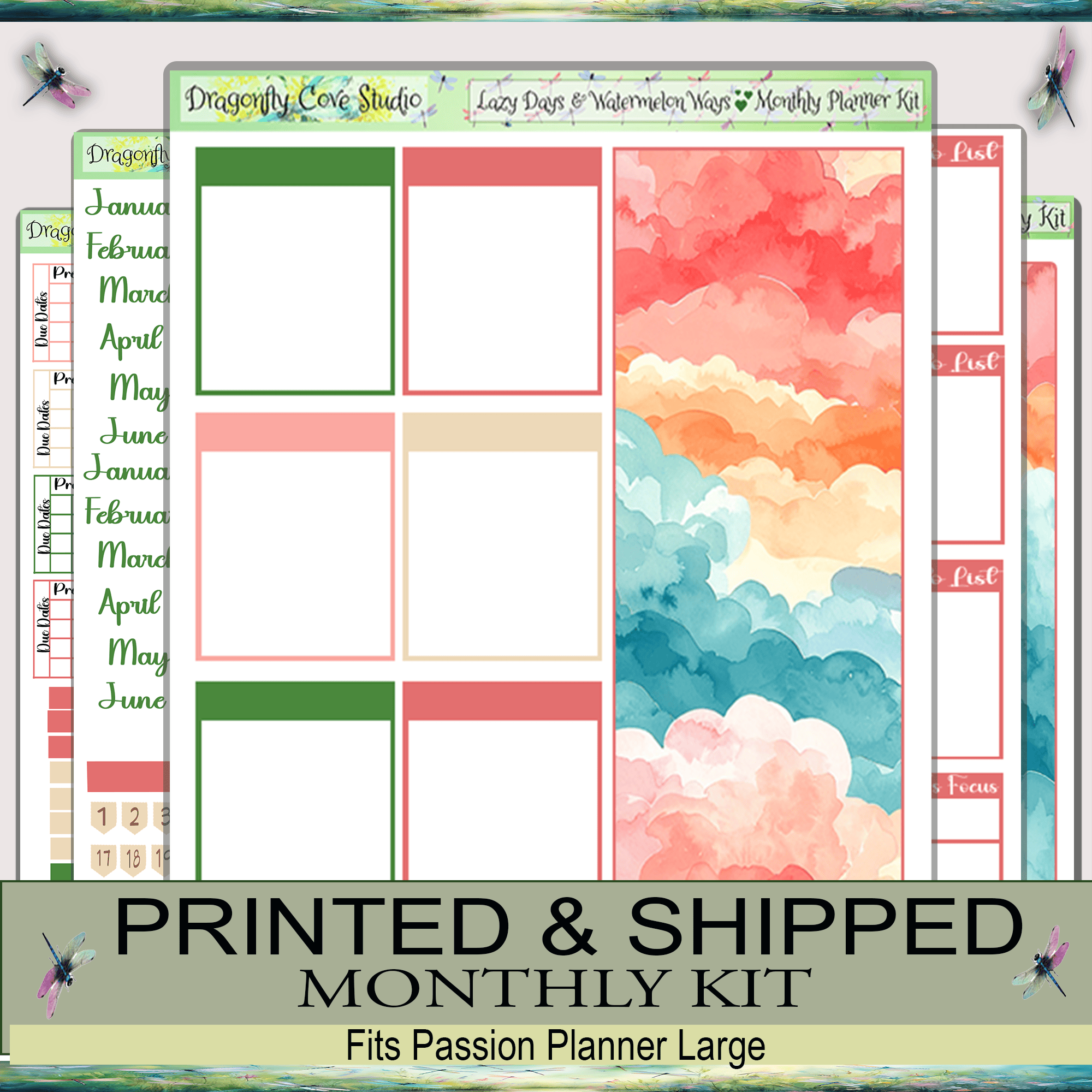 Passion Planner Large monthly layout featuring Lazy Days & Watermelon Ways summer design with watermelon accents, soft seasonal colors, functional monthly planning sections, organized scheduling space, goal-setting areas, and clean structured planner spreads 🍉☀️
