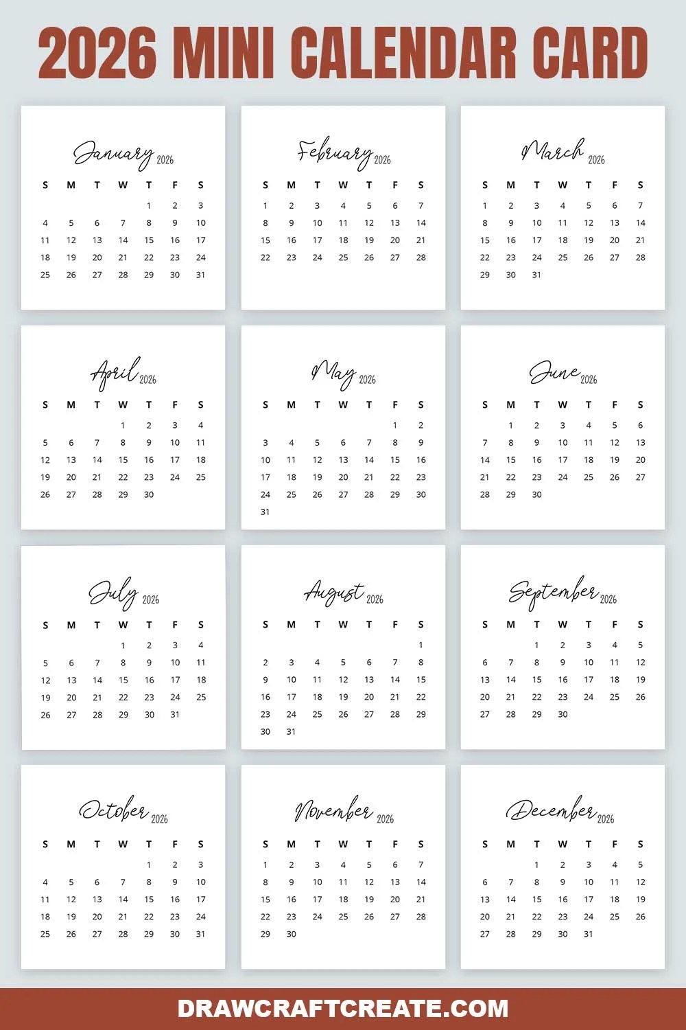 Free 2026 Yearly Calendar Printable Sunday Start Draw Craft Create 2026 Mini Calendar Card 