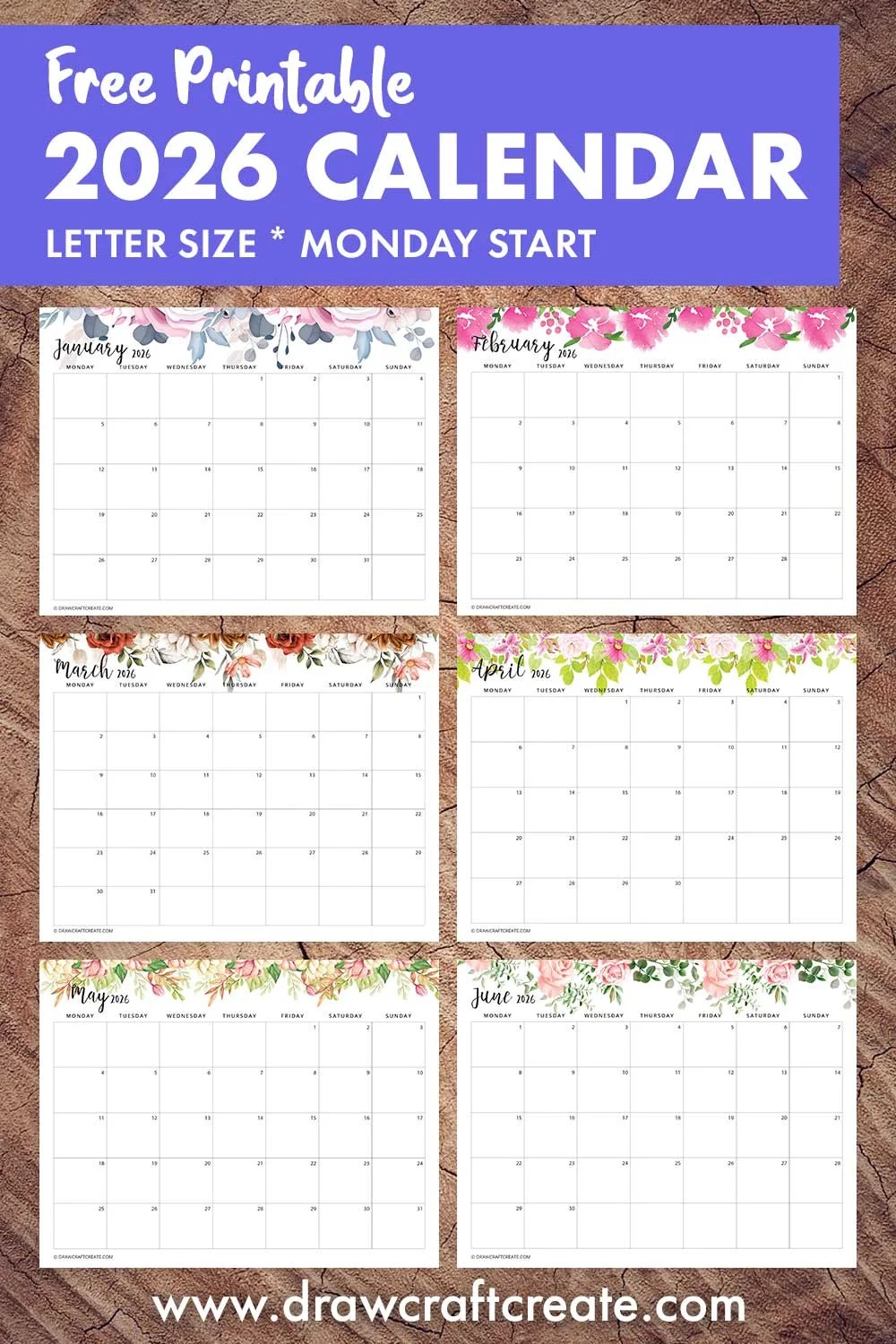 Free 2026 Calendar Printable Monday Start Draw Craft Create Printable 2026 Floral Calendar 
