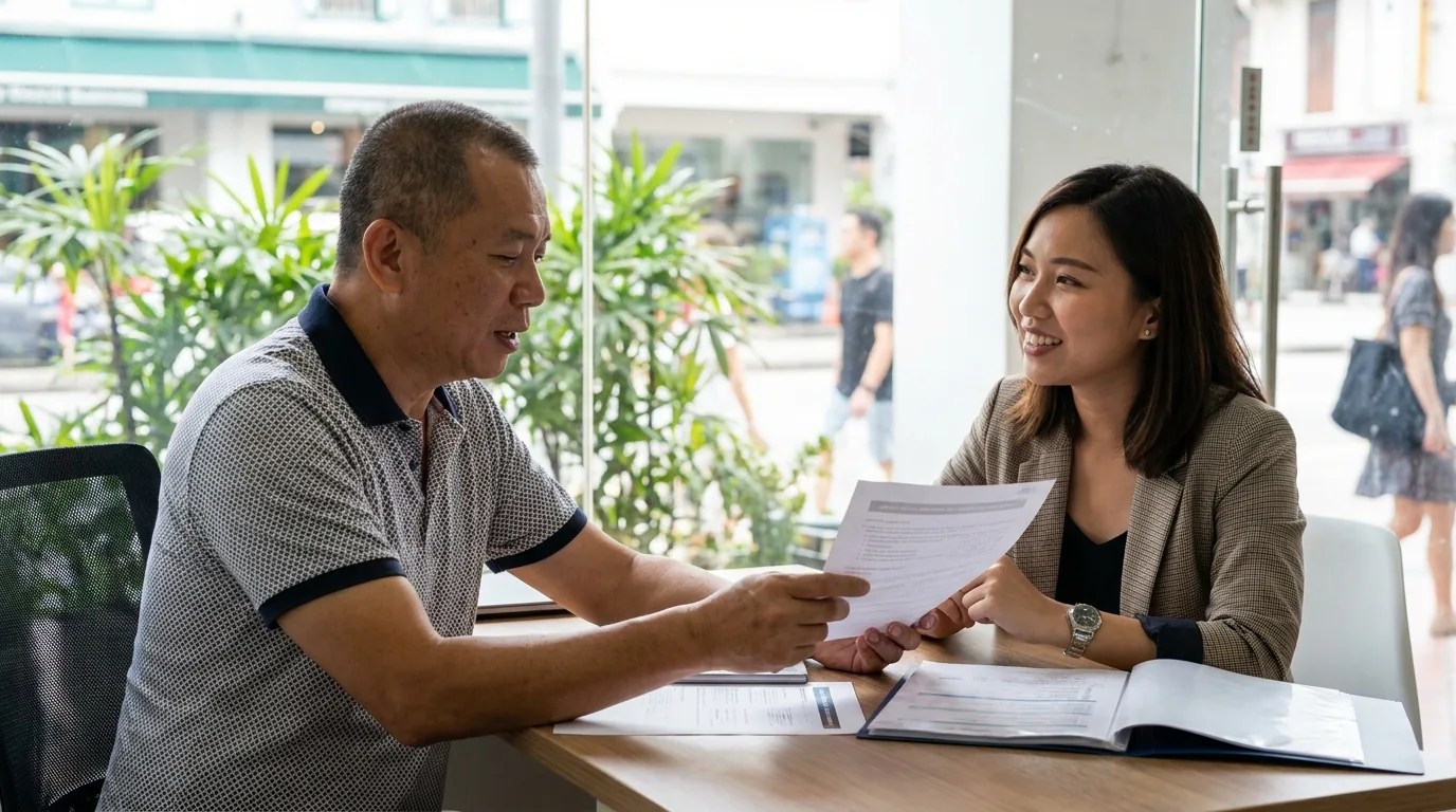 Singapore business owner reviewing SEO agency proposal with consultant.