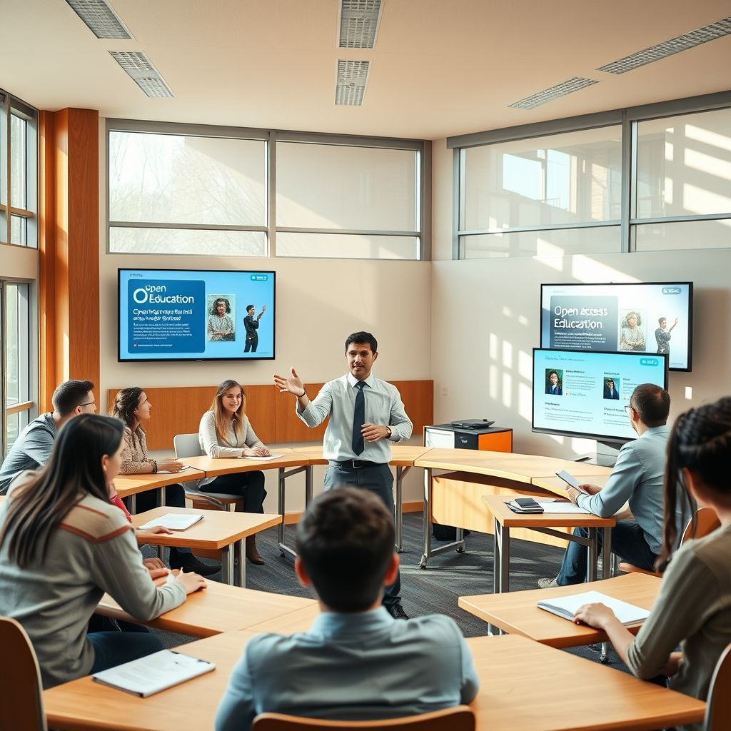 image of a university classroom where a instructor is engaging a diverse group of students in discussion about Open Education.