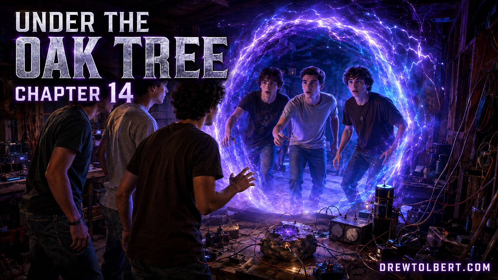 Eric, Lucas, and Josh meet their future selves through a time portal in Chapter 14 of Under the Oak Tree.