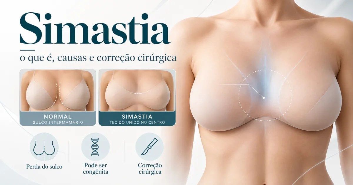 Simastia: comparação entre mamas com sulco intermamário normal e mamas unidas no centro do peito, sobre o esterno