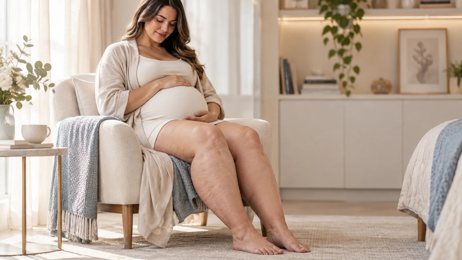 Mulher grávida com foco na saúde das pernas e lipedema – imagem ilustrativa sobre lipedema na gravidez | Belvitá