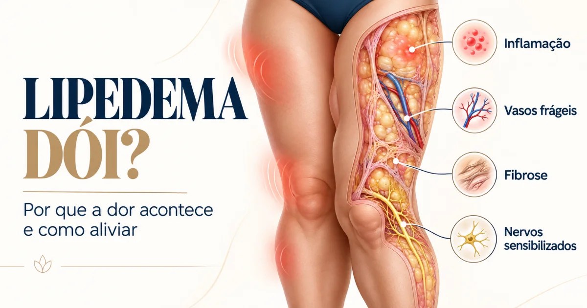 Ilustração mostrando por que o lipedema dói: inflamação, vasos frágeis, fibrose e nervos sensibilizados no tecido gorduroso da perna