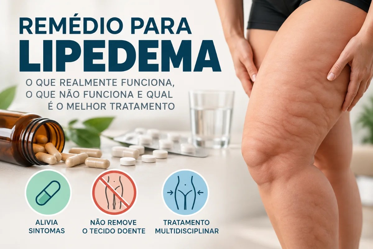 Remédio para lipedema: infográfico mostra que os medicamentos aliviam sintomas, mas não removem o tecido doente, e que o tratamento é multidisciplinar