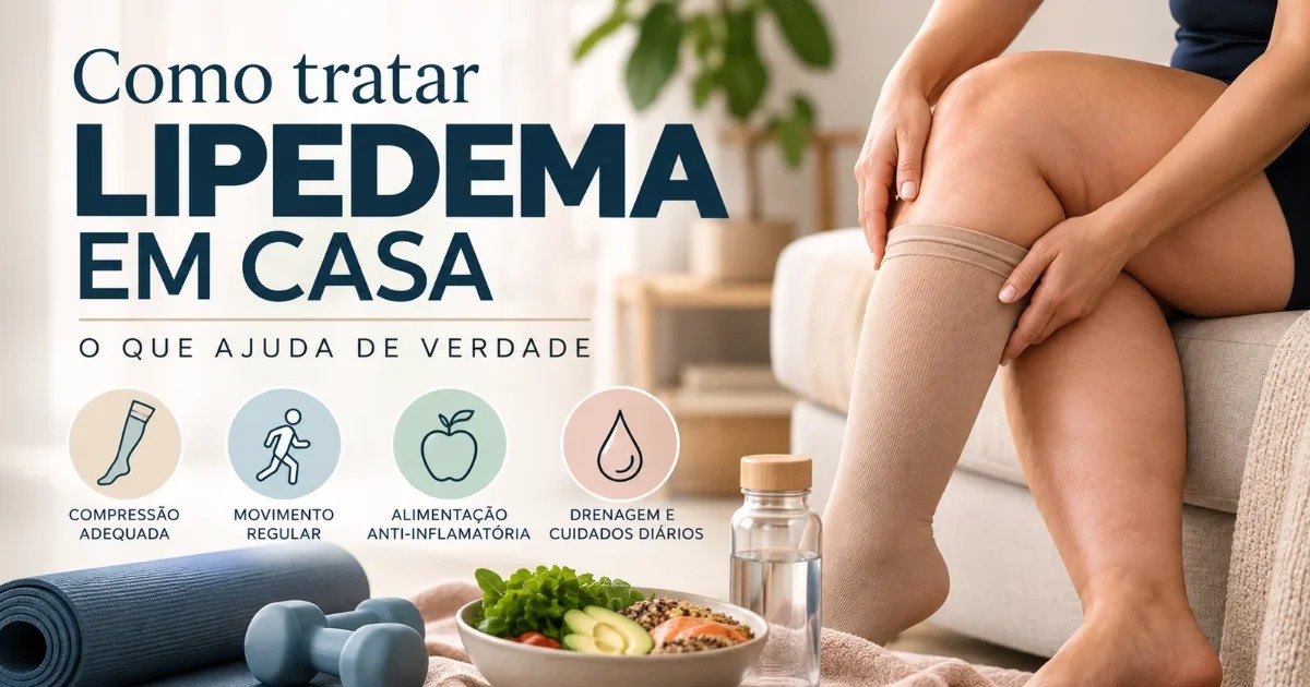 Como tratar lipedema em casa: mulher vestindo meia de compressão e ícones de compressão, exercício, alimentação e drenagem
