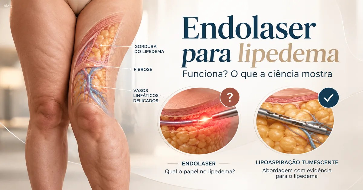 Endolaser para lipedema: ilustração comparando o endolaser com a lipoaspiração tumescente no tecido do lipedema, com gordura, fibrose e vasos linfáticos