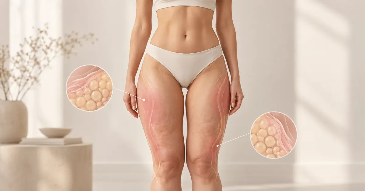 Mulher magra com tronco fino e coxas desproporcionais, com destaque para a gordura do lipedema nas pernas