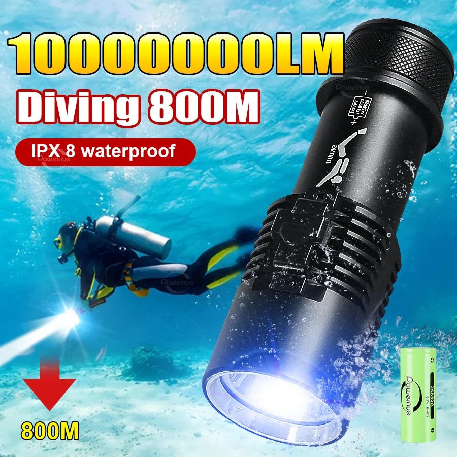 Professional LED Diving Flashlight 1000000LM Strong Light Underwater Torch IPX8  Waterproof Scuba Dive Flashlight With Hand Rope