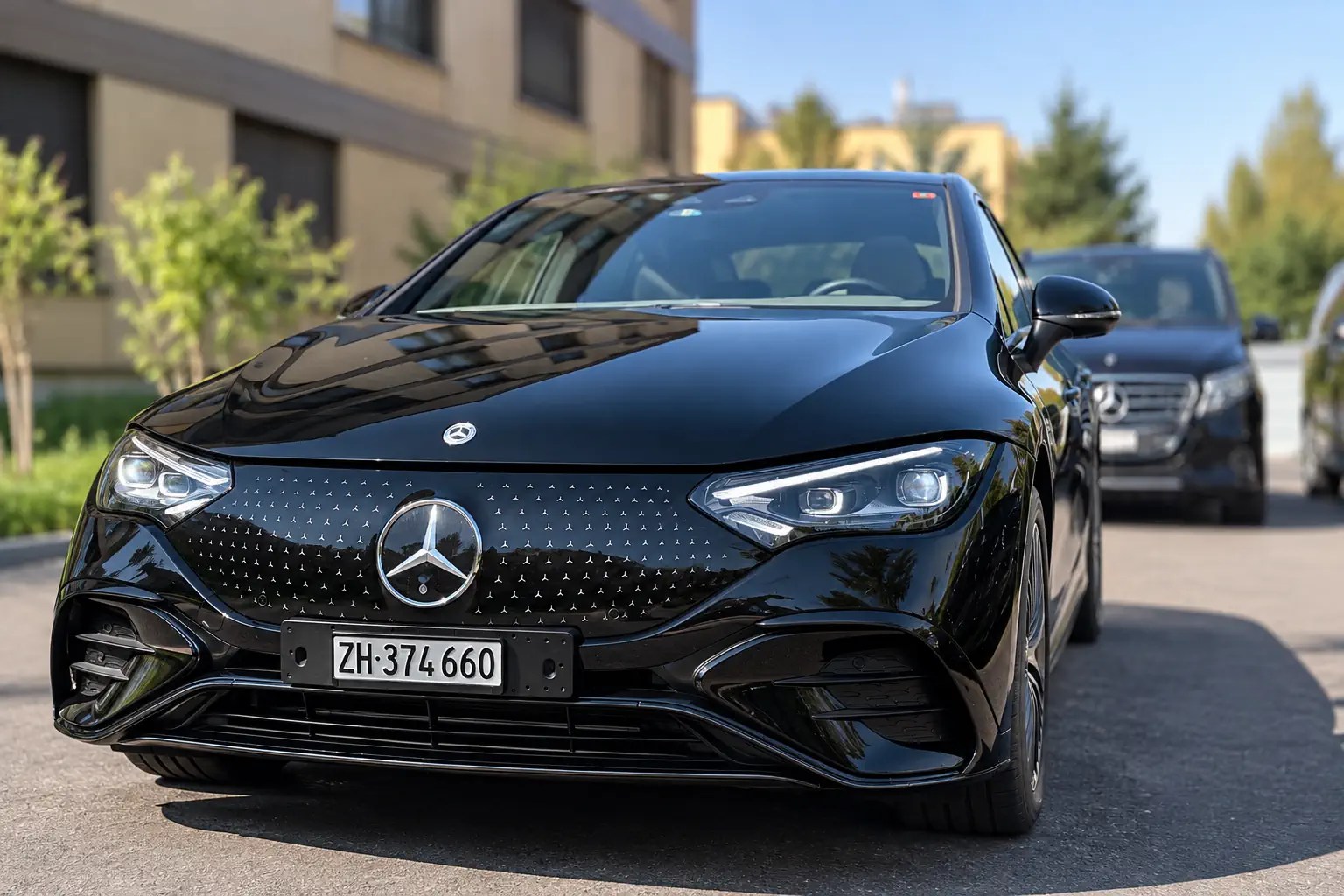 Black Mercedes EQE, the business sedan with driver in Zurich from Driveguard’s E-Class fleet