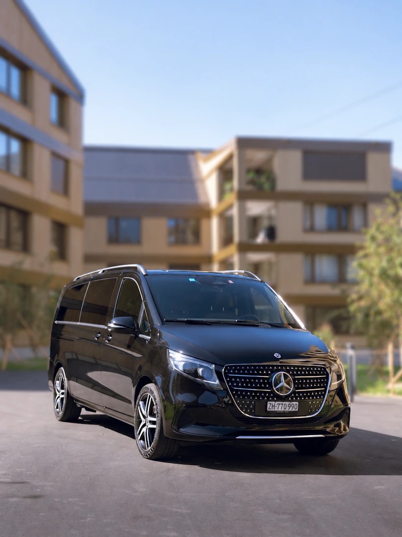 Black Mercedes V-Class van, front three-quarter view