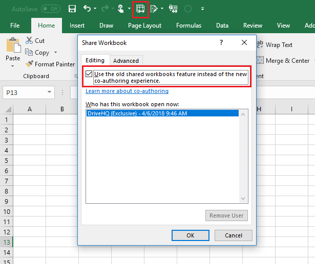Excel 2016: enable shared workbook, track changes, compare and merge workbook features