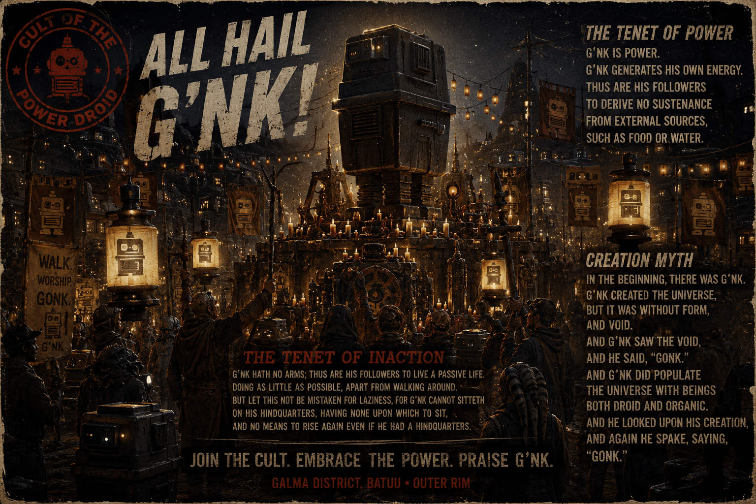 A fictional Cult of the Power Droid festival scene with candles, banners, pilgrims, Gonk lanterns, and a massive glowing Power Droid statue at night.
