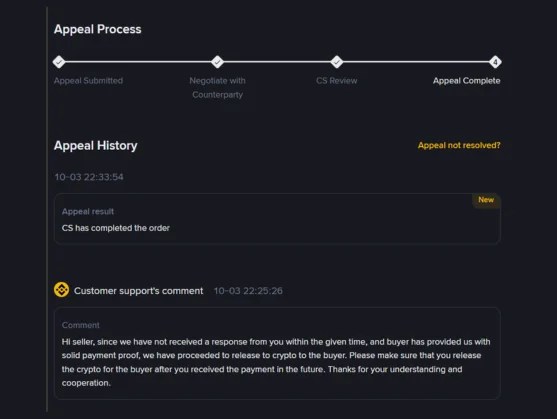 A trade delay appeal on Binance P2P