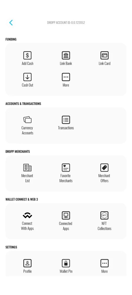 Dropp wallet full menu