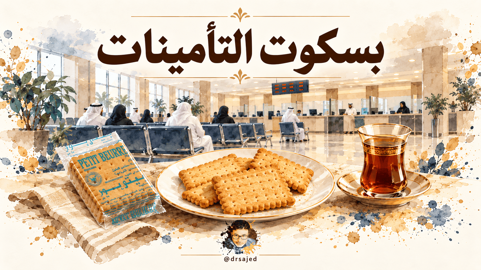 صالة مراجعين مرسومة بالألوان المائية، وفي المقدمة بسكوت المطاحن الكويتية بعبوته وصحن بسكوت وكوب شاي.