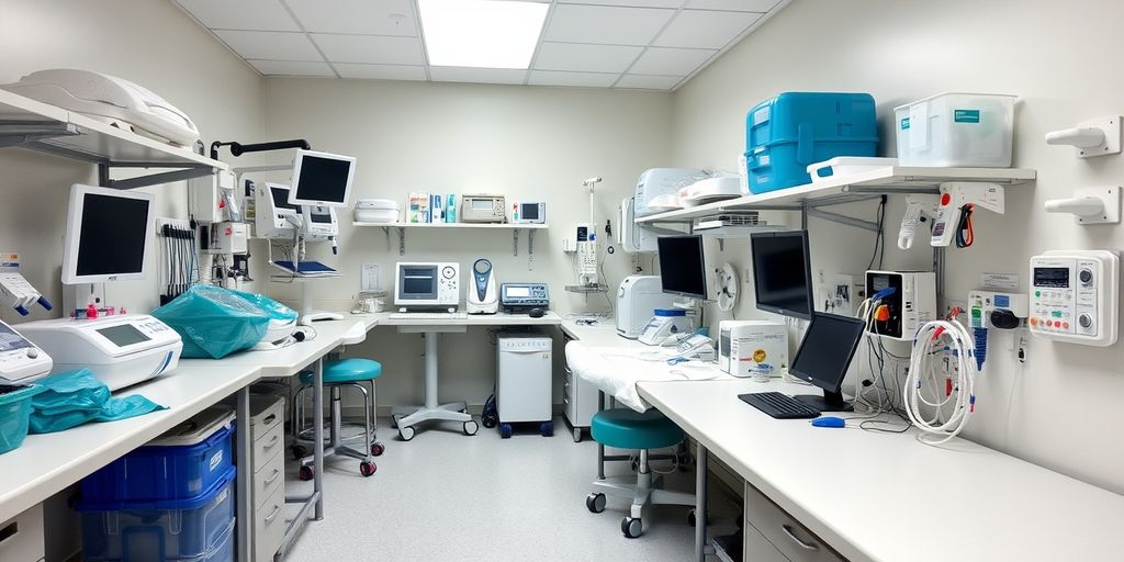 Organized medical equipment room ensuring safety.