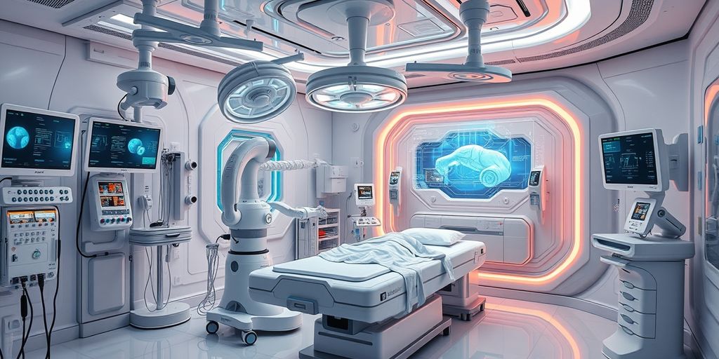 Futuristic hospital with advanced medical technology