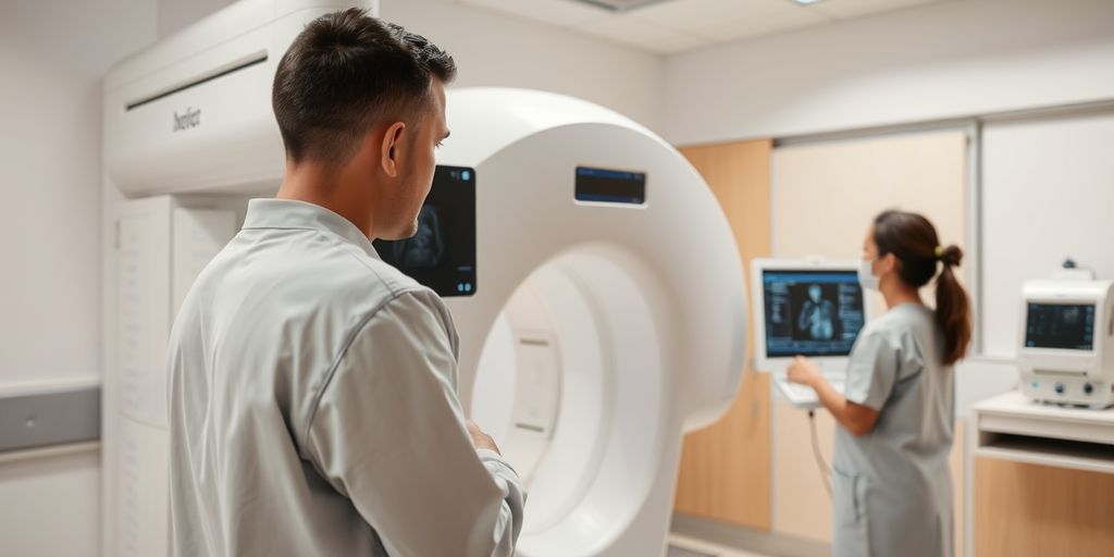 Medical imaging machine in a hospital room.