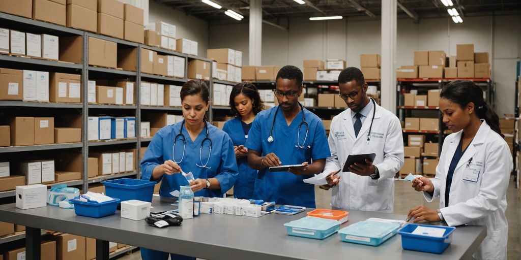 Healthcare professionals in a medical supplies warehouse