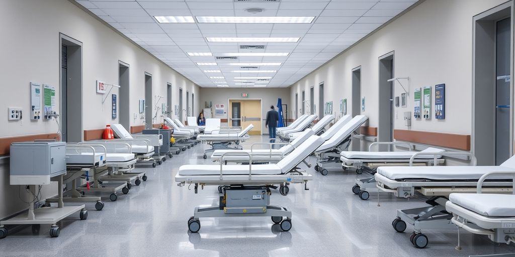 Various medical stretchers in a hospital hallway.