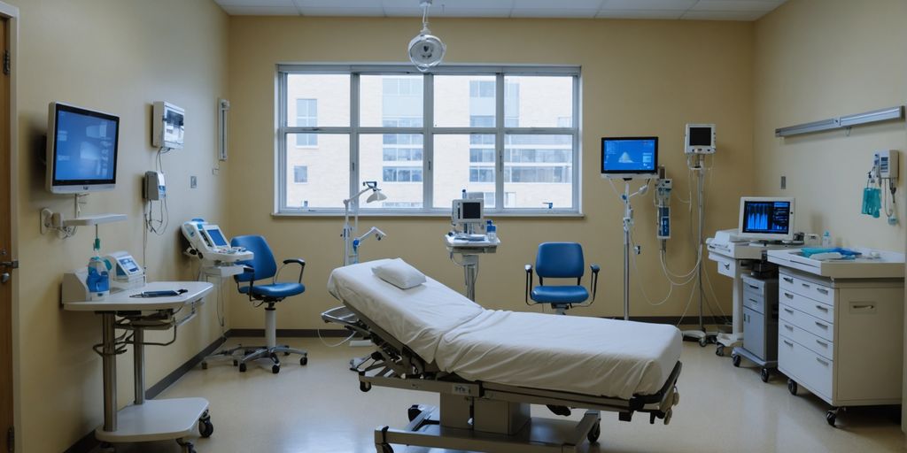 Modern hospital room with medical equipment.